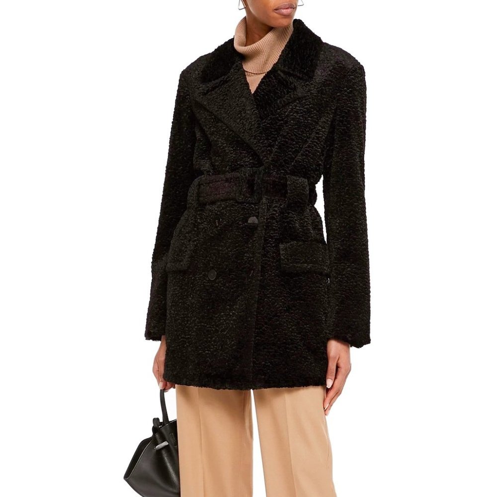 NWT Theory Faux Fur Black Double Breasted Peacoat | Belted Warm Winter Coat